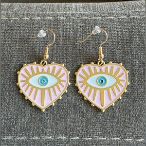 Evil Eye Drop Dangle Earrings Pink White and Gold New Lightweight